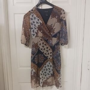 Nautica Brown and White Midi Dress with V-Neck